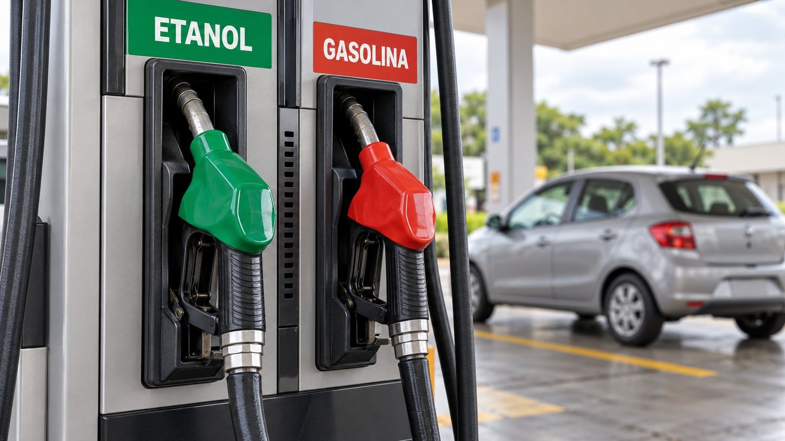 Bicos de abastecimento identificados como etanol e gasolina em um posto